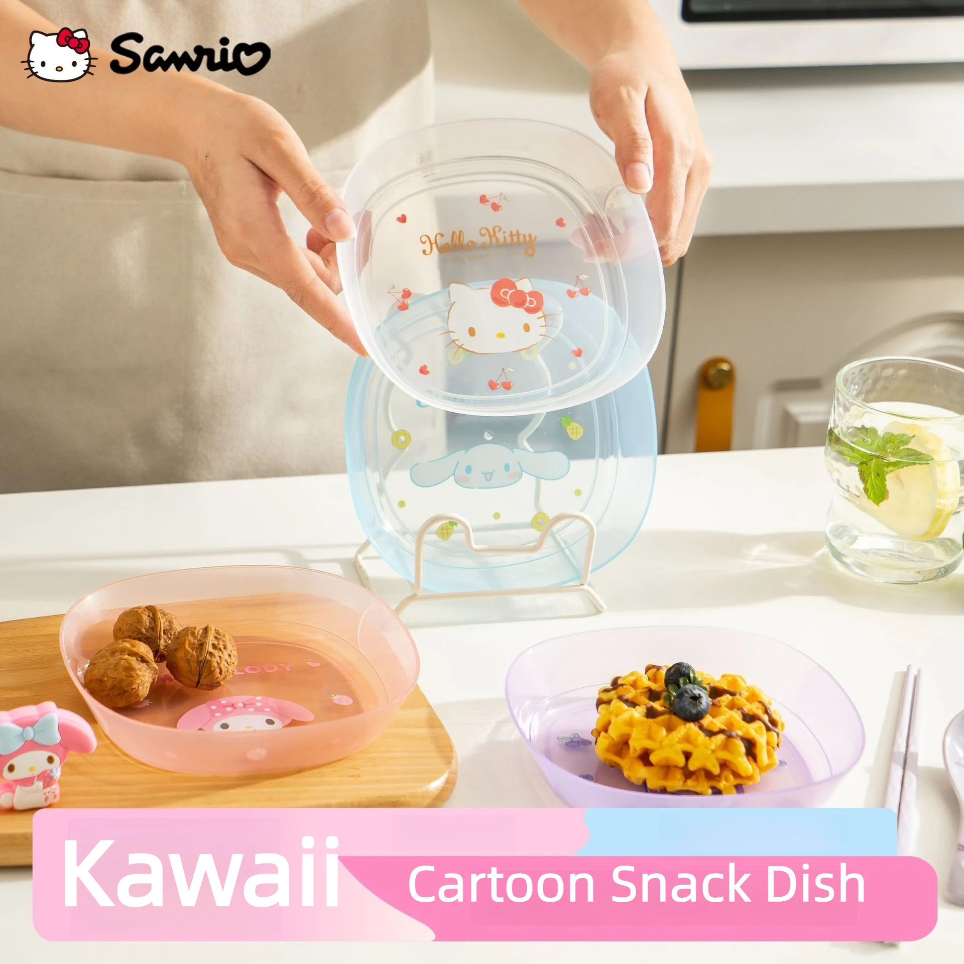 Plato de plástico transparente de Sanrio Hello Kitty, Kuromi, Cinnamoroll, My Melody, plato pequeño para desechos de mesa, plato para refrigerios de cocina