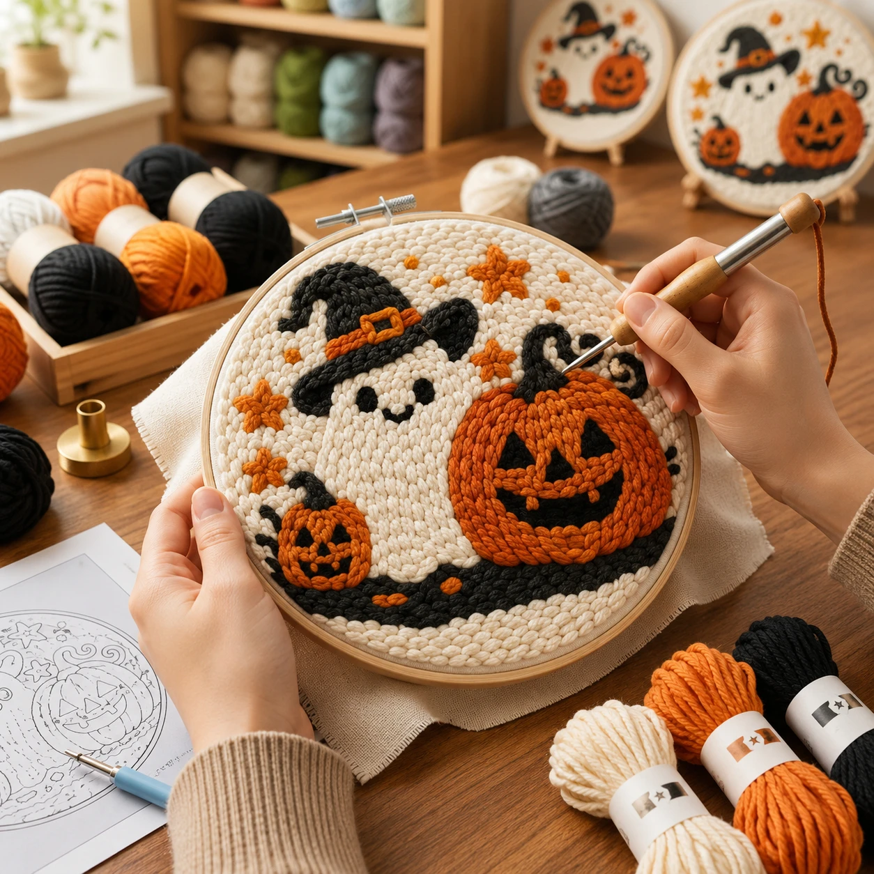 cute-ghost-witch-hat-pumpkin-handmade-diy-holiday-wall-table-decoration-halloween-ghost-pumpkin-punch-needle-embroidery-kit