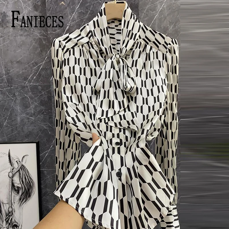 FANIECES-Blusa de satén con estampado geométrico para mujer, camisa de manga larga con cuello de lazo, elegante, para oficina, novedad de otoño