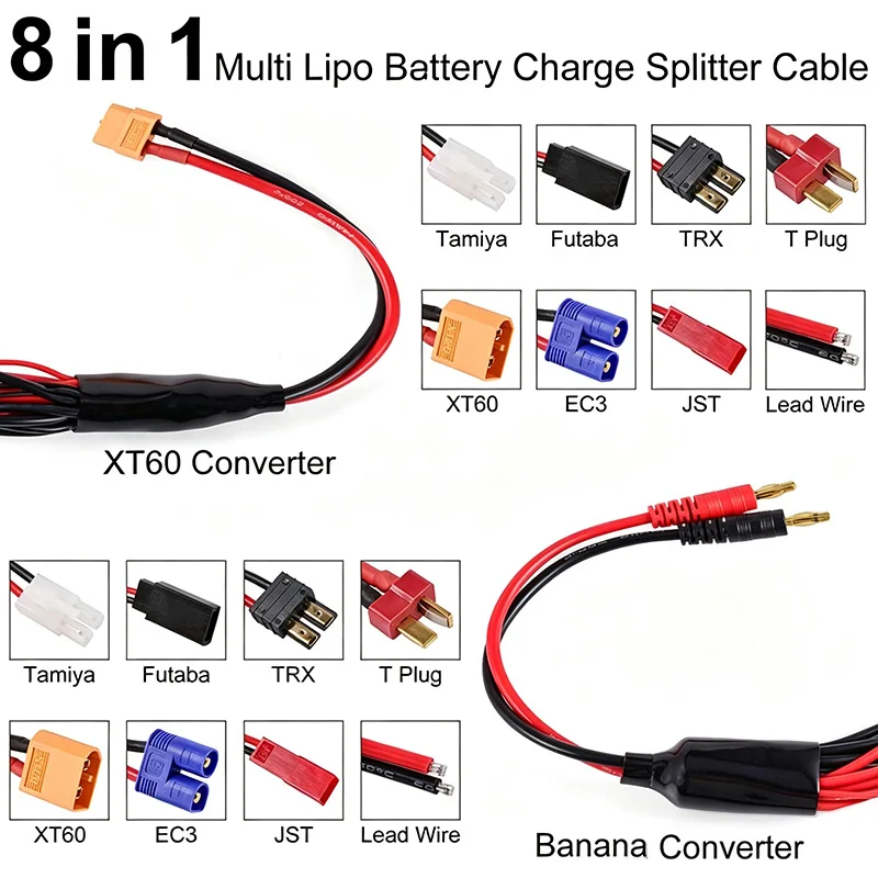 8-in-1 XT60 Multi-functional Charging Cable 14AWG EC3/T-Plug/4.0MM Banana Head Soft Silicone Wire Lithium Battery Charging Cable