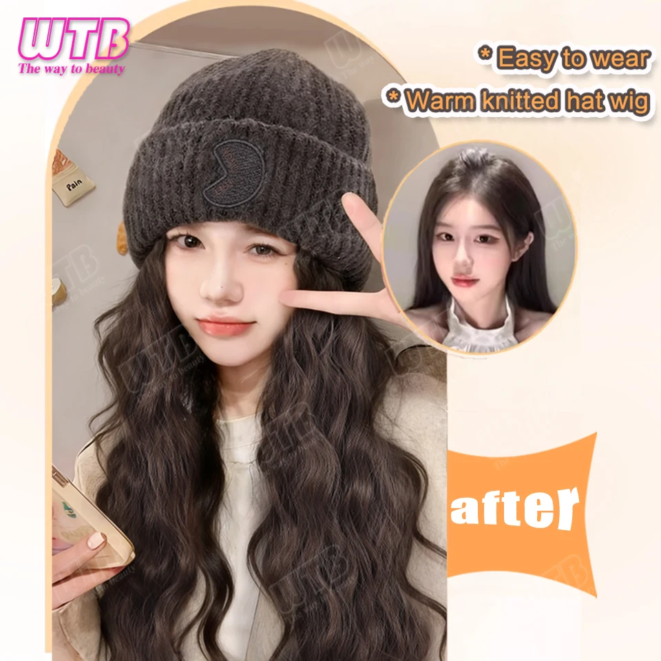 Synthetic Hat Wig for Women Warm Knitted Hat with Curling Hair Multiple Styles Suitable for Beginners and Daily Wear