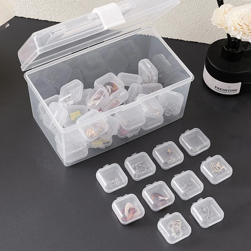 Mini caja de almacenamiento de plástico, contenedor de píldoras portátil con tapa cuadrada transparente, soporte para joyería, pendientes, pequeño estuche de exhibición de embalaje