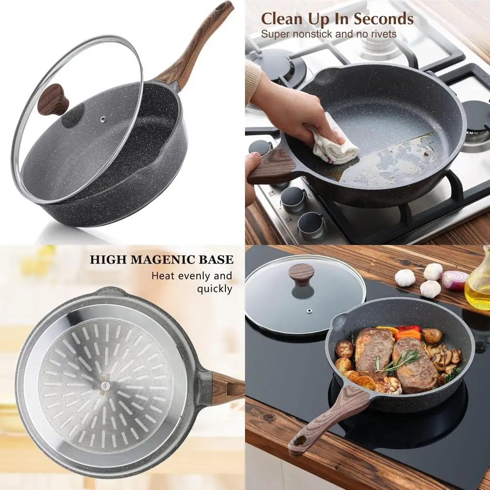 

Сковорода с антипригарным покрытием, пригодная для индукционных плит, 10 и 11-12 дюймов, с крышкой, с охлаждающей ручкой, из керамического керамогранита, 3,5 кварты