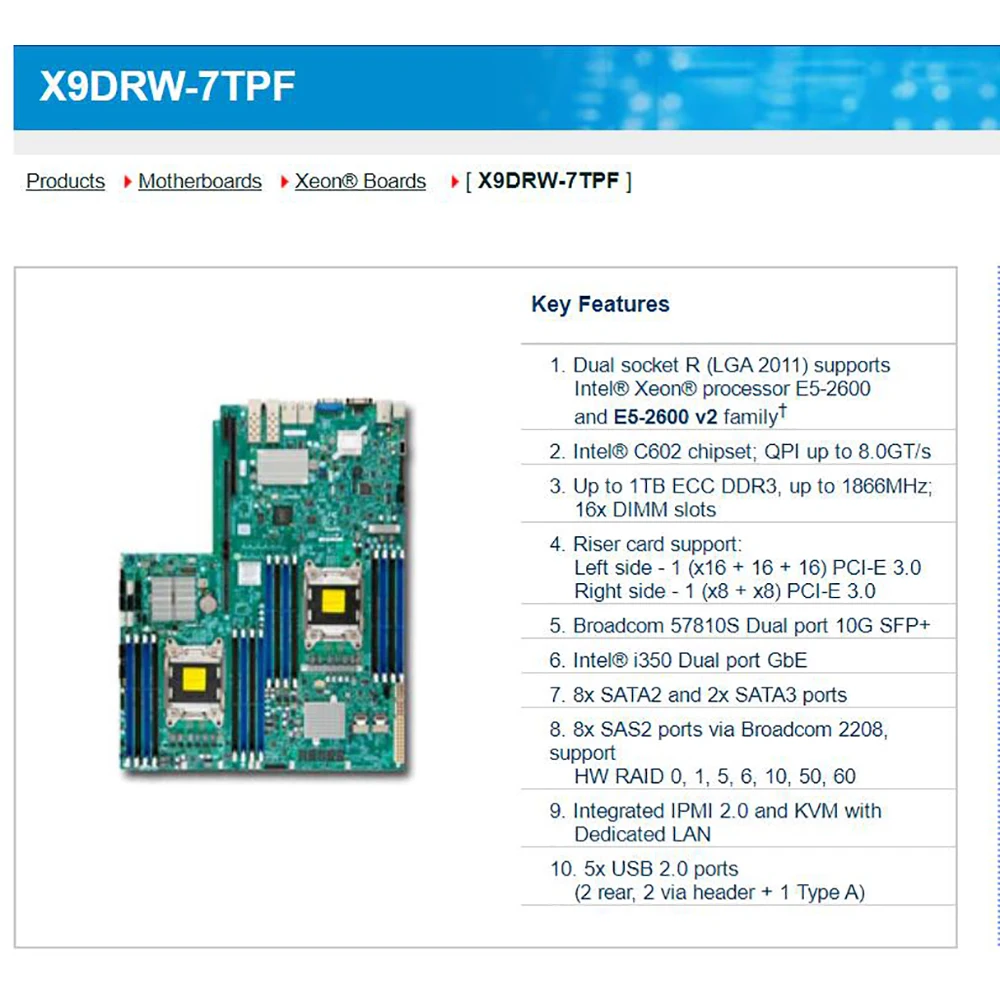 

For Supermicro Server Motherboard Support E5-2600 V1 V2 Family 16x DIMM SATA3 SAS2 LGA2011 DDR3 X9DRW-7TPF
