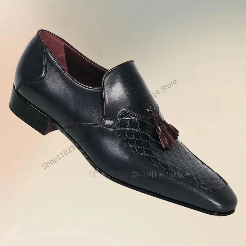 

Burgandy Tassels Black Leather Fish Scale Print Loafers Fashion Slip On Men Shoes Luxury Handmade Party Office Men Dress Shoes