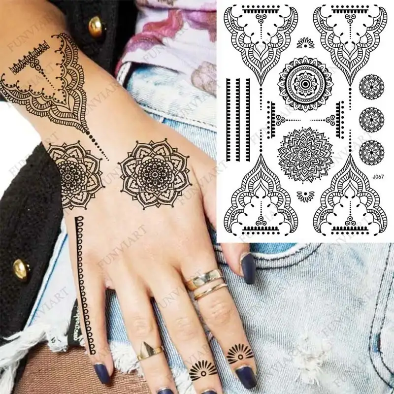 Tatuajes temporales de Henna negra para mujer, pegatina Mehndi de flor de encaje para mano, tatuaje de Henna falso, arte corporal, tatuaje Hena