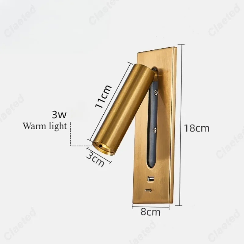 Simple LED Embedded with Switch Wall Light 3W Warm Light Spotlight Reading Light USB Charging Port Indoor Bedroom Bedside Lamp