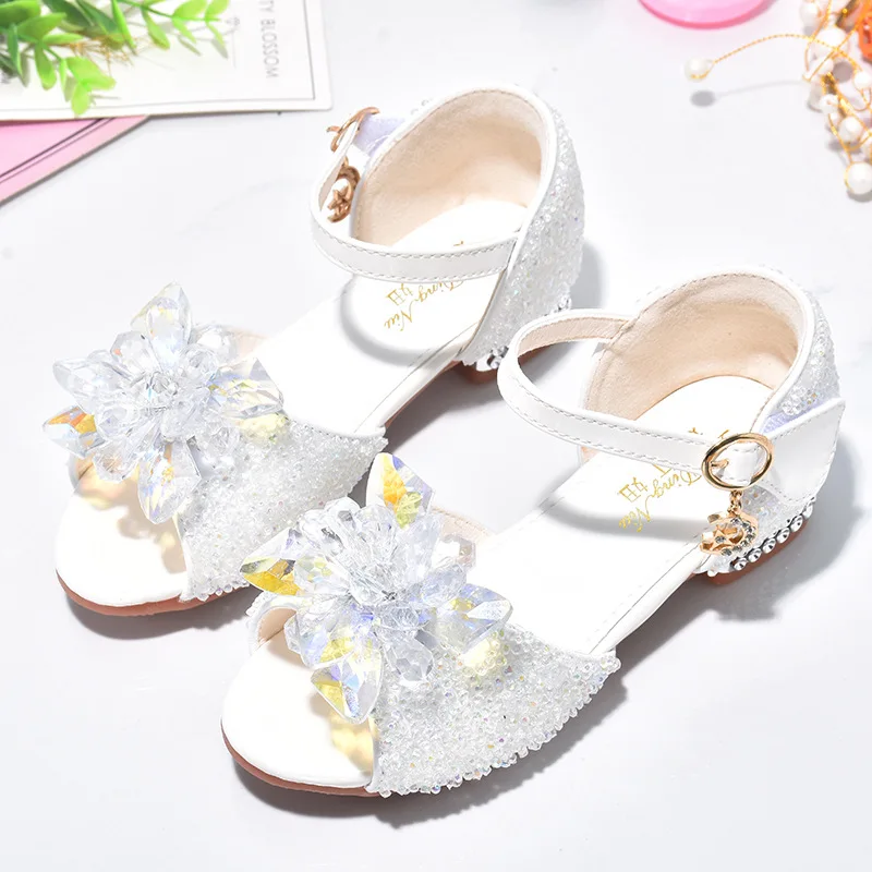 New Girls Diamond Sandals Casual Flowers Princess Kids High Heels Fashion Glitter Perform Soft-soled Children's Party Dance Shoe