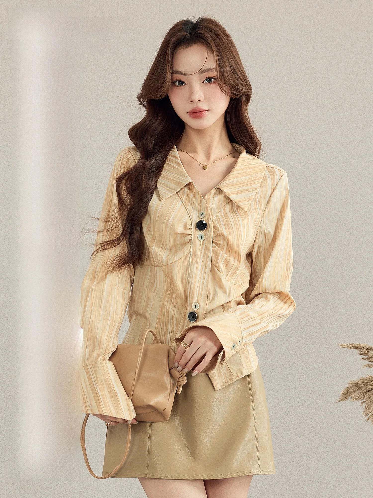 

Женская офисная блузка Ele Long Sve Bell Sve irt: приталенный крой, корейский стиль, дышащая, повседневная