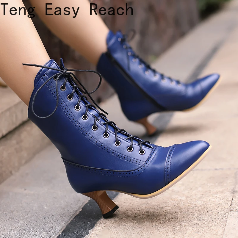 

New Fashion Women Low Kitten Heel Ankle Boots Victorian Pointed Toe PU Leather Shoes Steampunk Lace Up Retro Jeans Boots