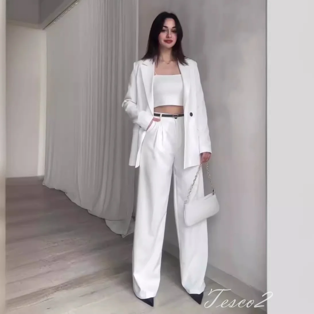 Tesco Sky Blue Casual Suit Blazer For Women Lapel collar Jacket Wide Leg Pants For Spring Summer Thin Office Pant Sets 2024