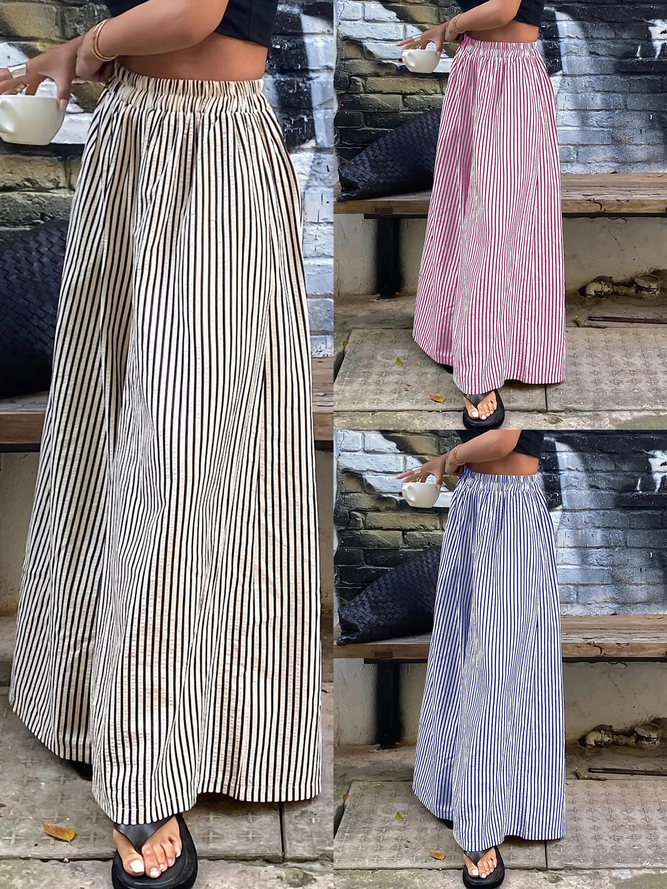 

Plus size Europe and the United States cross-border spring and summer striped pocket elasticated waist wide-leg trous