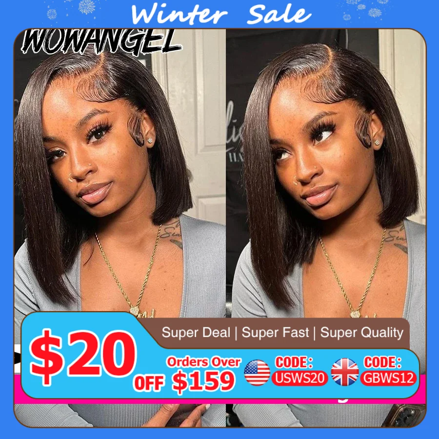

Wow Angel 13x6 HD Парики фронта шнурка Короткий боб Прямые кружевные фронтальные парики из человеческих волос Предварительно выщипанные кружевные плавленые бразильские для женщин