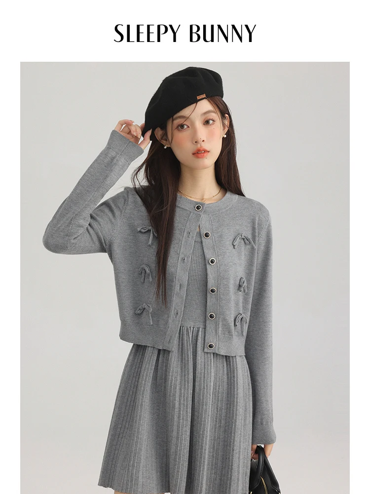 

Women Gray Bow Cardigan Jacket and Pleated Dress Set Spring 2025 Sweet High-Waist Outfit Elegant Hip Covering Two-Piece Suit