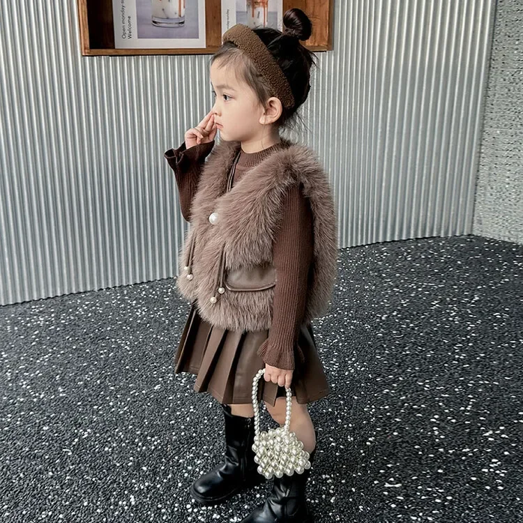 

Girls Suits Fur Waistcoat Three-piece Pearl Buckle Waistcoat Sweater Pleated Skirt Stylish Fur Waistcoat Set Fashion Clothes