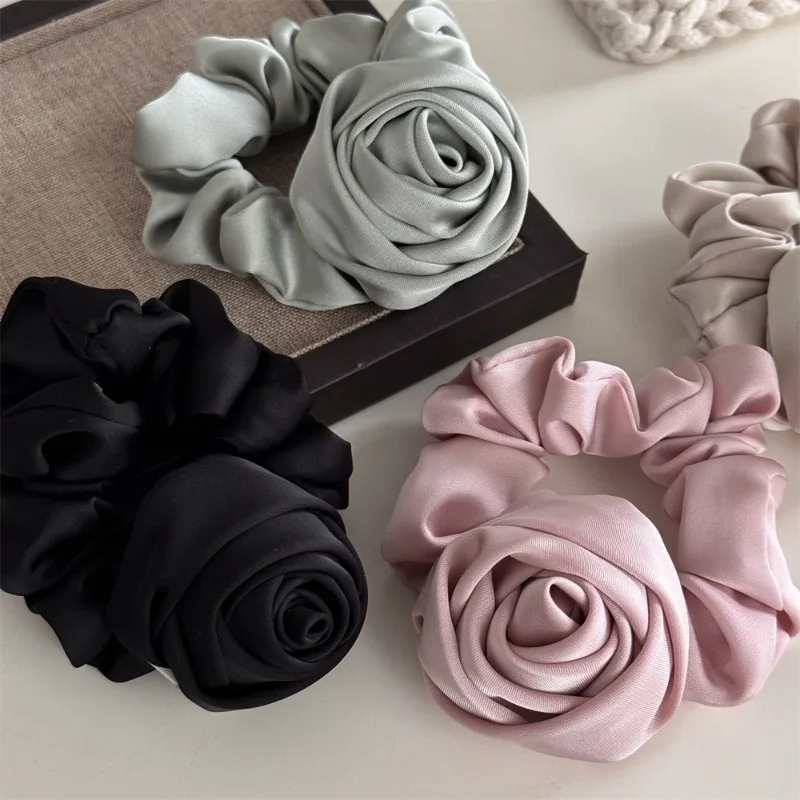 Women Ribbon Rose Flower Elastic HairBand For Women Girls Hair Rope Ties Flower Hair Scrunchie Ponytail Holder Hair Accessories