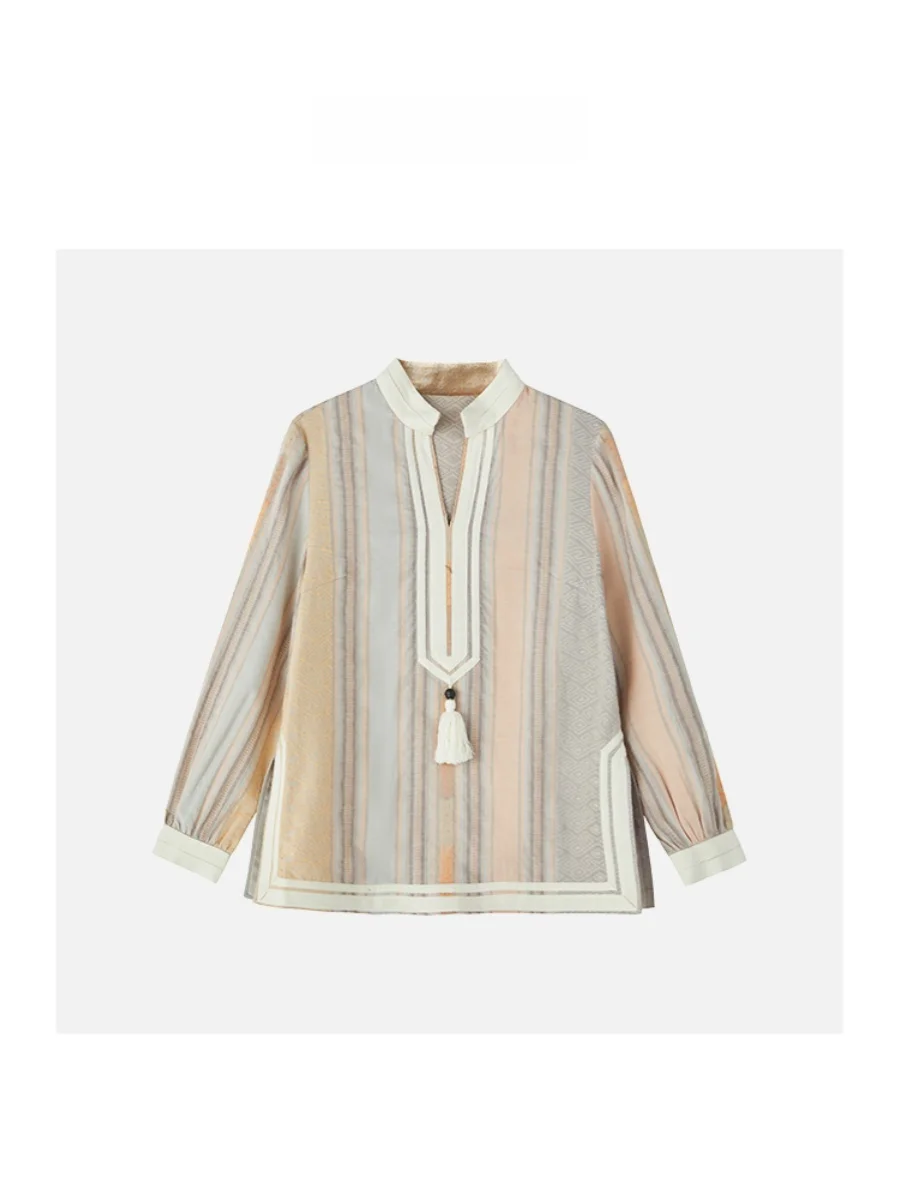 

JINGJING2024 Spring Autumn "Cloudy Fort" Silk Mixed Splicing Color Series Ele Slimming Ethnic Sle Top