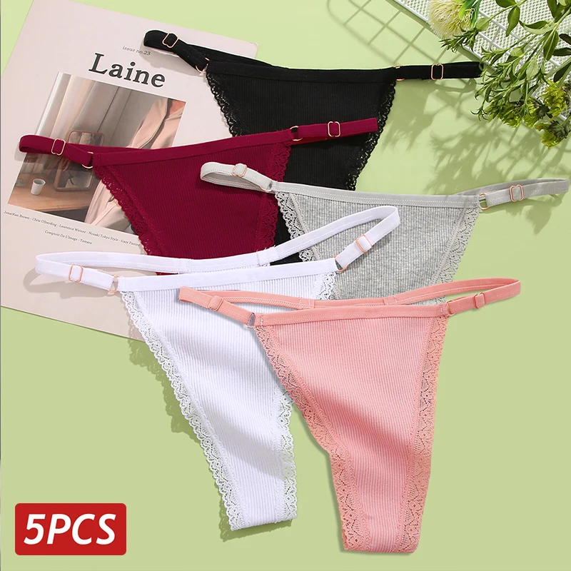 5 teile/satz sexy Spitze Baumwolle Höschen Damen Unterwäsche weibliche bequeme Dessous verstellbare niedrige Riemen T-Back G-String Hose