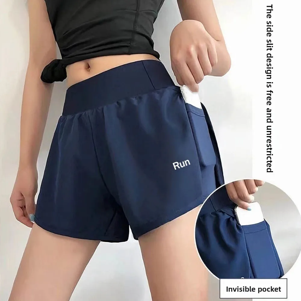 Anti-glare Lining 2 in 1 Yoga Shorts Loose Fitting Hem Elastic Sports Shorts Side Pockets Breathable Fitness Shorts Gym