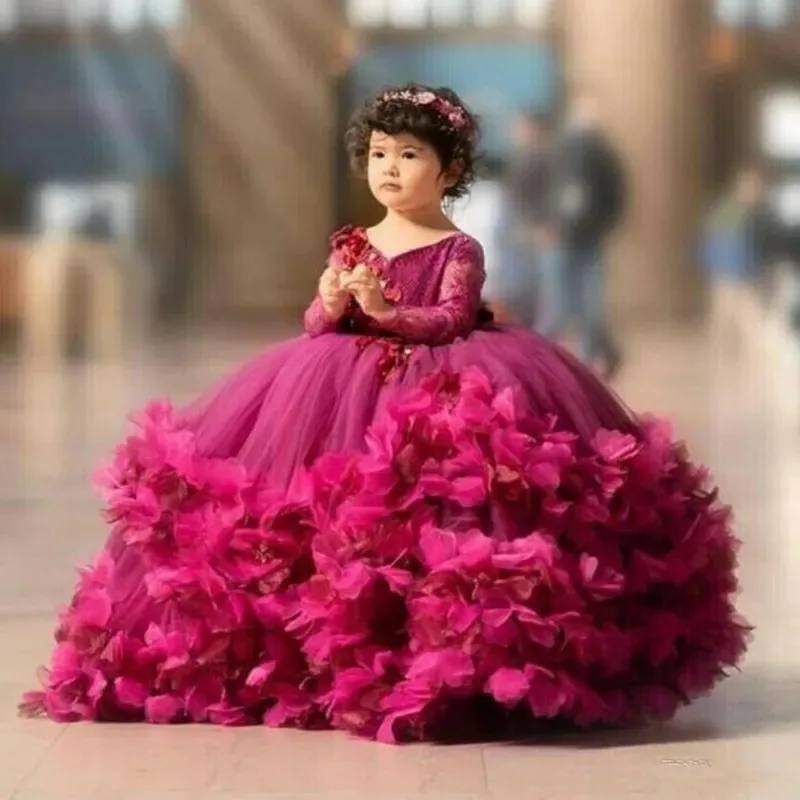 

Fuchsia Flower Girl Dresses for Wedding 3D Floral V-neck Lace Long Sleeve Girl Kids Birthday Party First Holy Communion Gowns