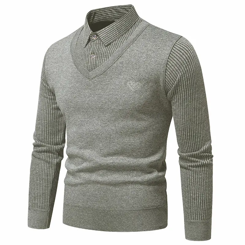 Autunno Inverno Uomo Slim Fit Maglione elastico caldo All'aperto Moda Colletto ribaltabile Top in maglia Nuovo solido falso pullover in due pezzi da uomo