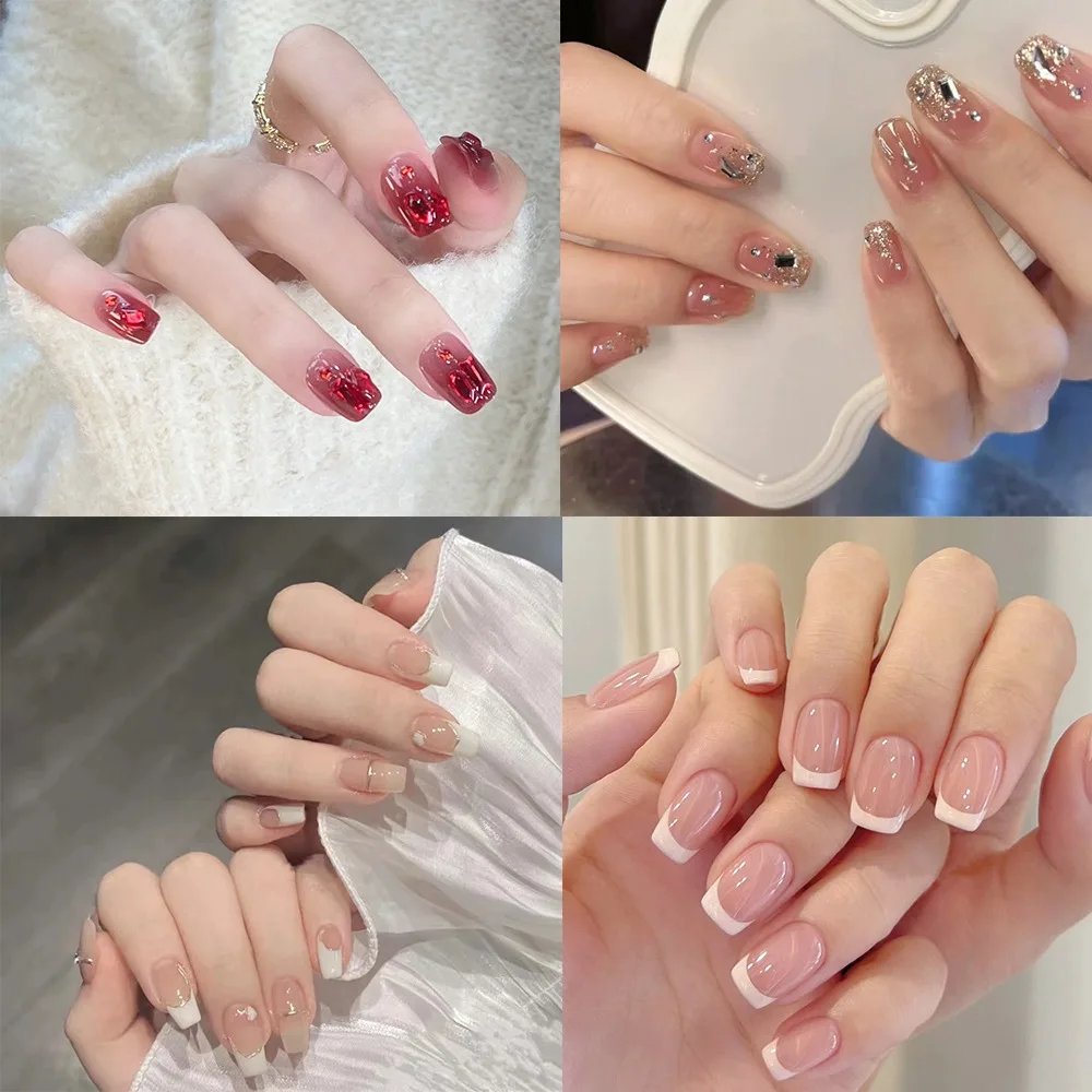 Abnehmbare, tragbare Maniküre, französische künstliche Nägel, Goldfaden, langer Stil, vollständige Abdeckung, falscher Nagel, quadratischer Kopf, zum Aufdrücken der Nägel für Frauen