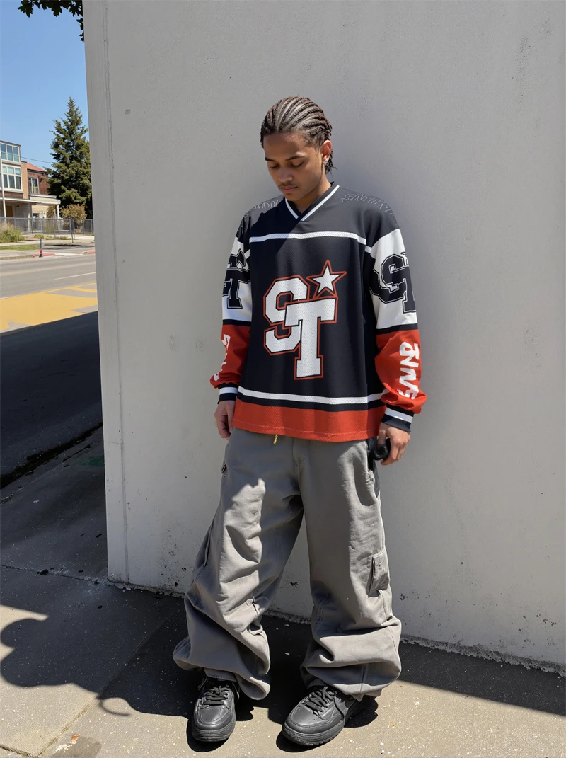 

Autumn Winter SAINT Print Mesh Splicing Long Sleeved Vintage High Street Casual Loose Cotton Sports Oversize Round Neck Men Top