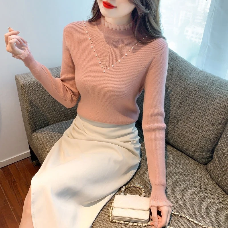 

Ladies Pullovers Half High Collar Cheap Top Winter 2025 Trend Autumn Long Sleeve Light Fashion Lace Edge Women's Knit Sweater