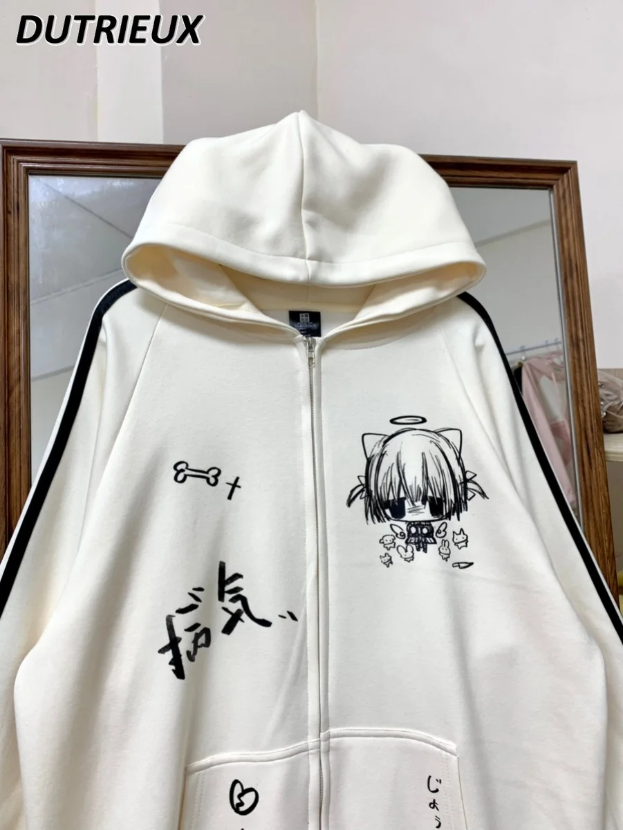 Original Japanese Graffiti Print Spring and Autumn Zipper Jacket Sub-sweet Girls Student Hooded Cotton Cardigan Sweatshirt