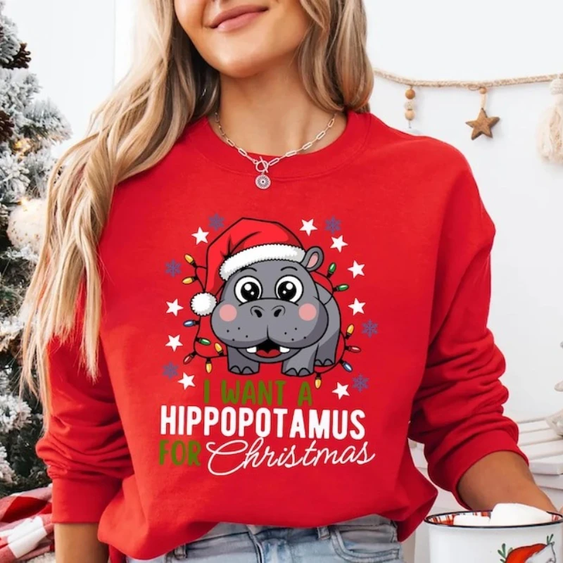 Voglio un ippopotamo per Natale Felpa con cappuccio Ippopotamo Luci Felpa Ippopotamo Carino Autunno e Inverno Ropa De Mujer Regalo donna