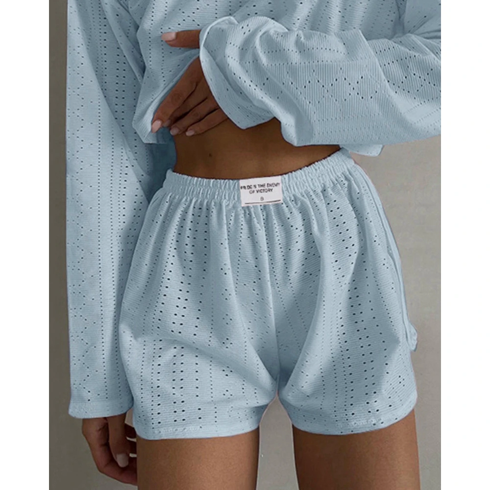 Women Hollow Out Round Neck Long Sleeve Shirt Top & Elastic Waist Shorts Set Casual Two Pieces Suit Sets Streetwear Outfits