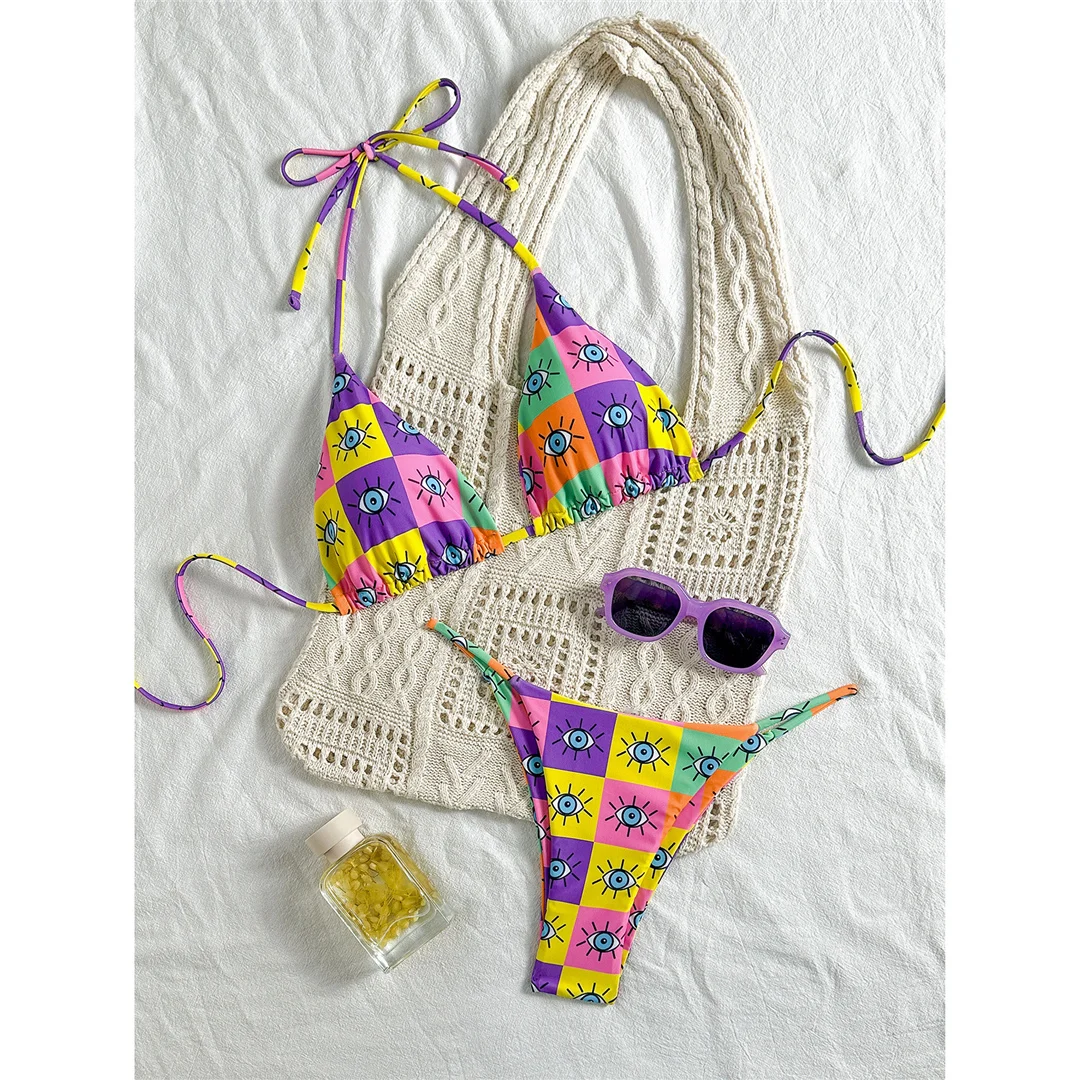 Buntes, bedrucktes Halter-Bikini-Set für Damen, zweiteiliger Badeanzug mit hohem Beinausschnitt, Badebekleidung, Badeanzug, Modell V7230. – Detail 11