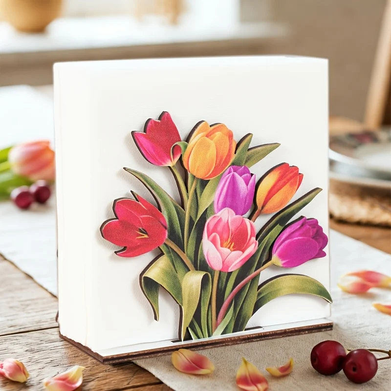 Tulip-Themed Wooden Napkin Holder Chatter-Filled Party Table Organizer for Restaurant Wedding Table Decoration