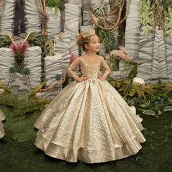 Exquisite Long Child Princess Flower Girl Dresses Sequin Applique Bow Wedding Party Ball Gown Full Sleeve Birthday Pageant Robe