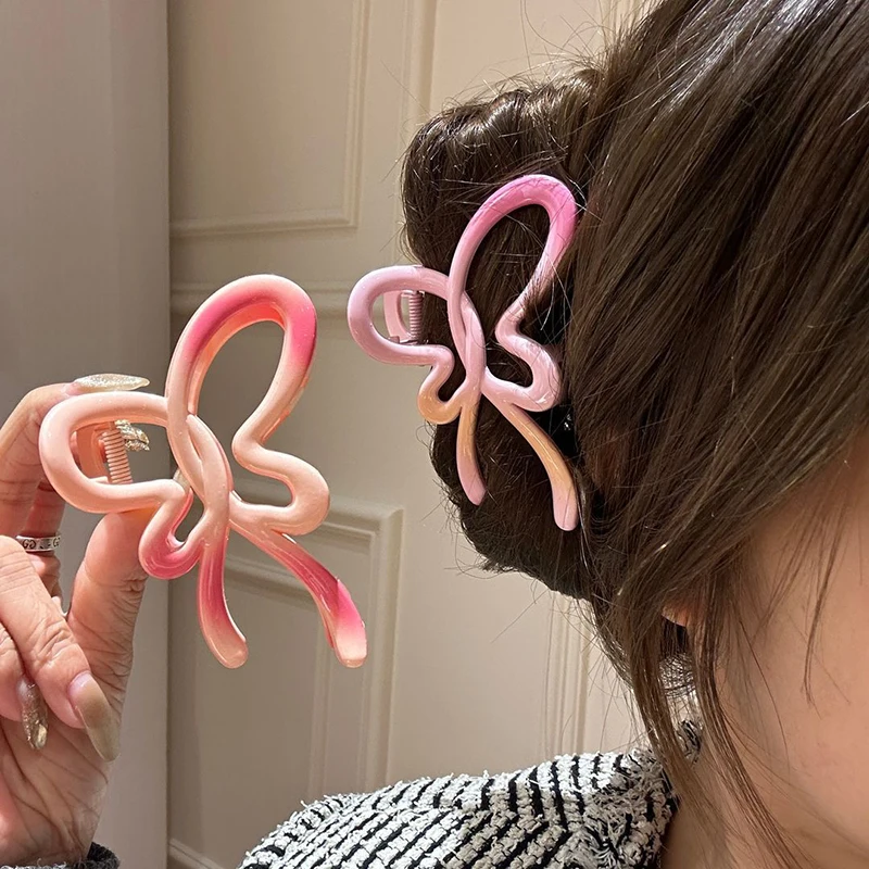 女性用プラスチックバタフライヘアクリップ,グラデーションカラー,リボン,カニヘアクリップ,ポニーテール,ヘアピン,帽子アクセサリー,ギフト