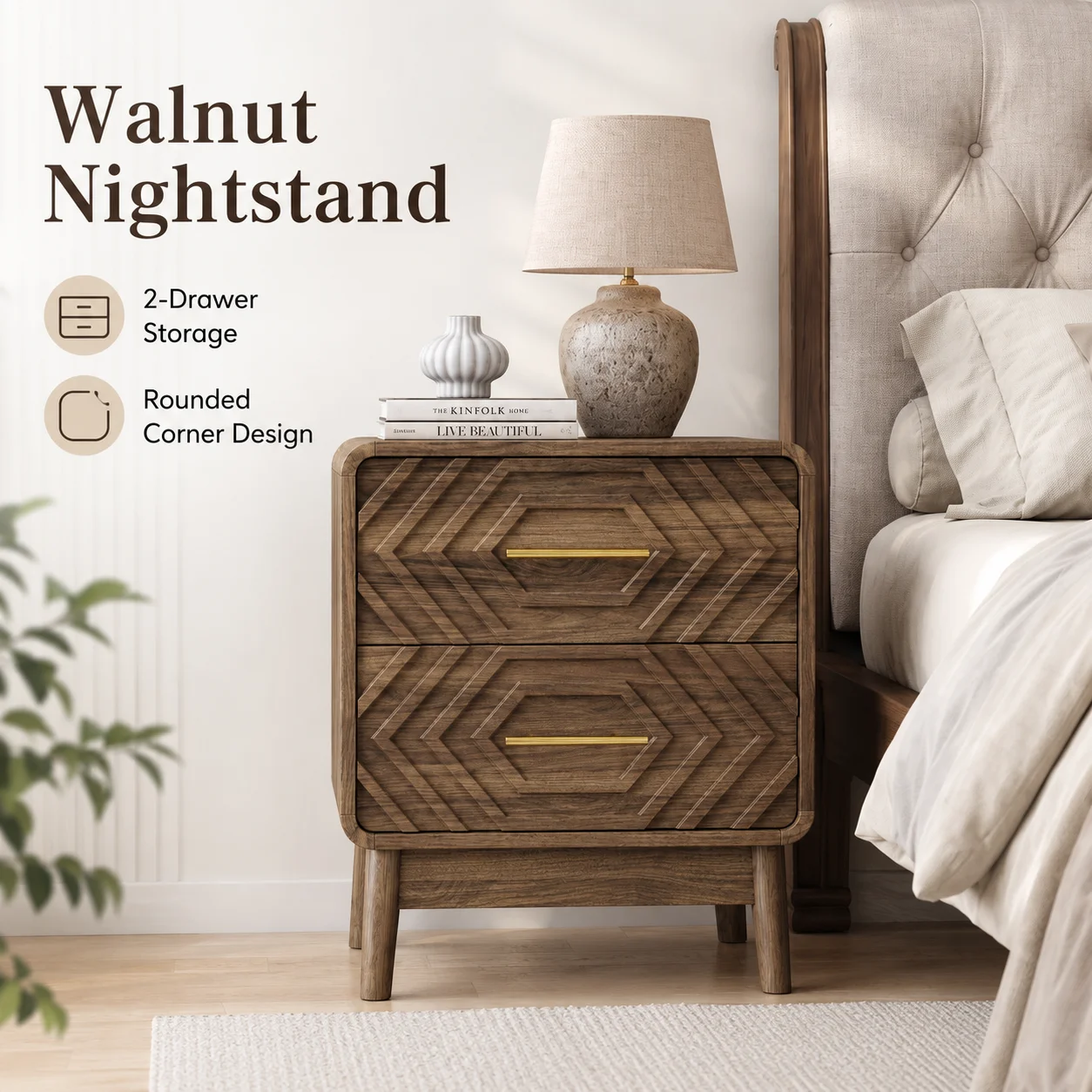 Solid Wood Nightstand 2 Drawers - Comodino a 2 cassetti in noce,