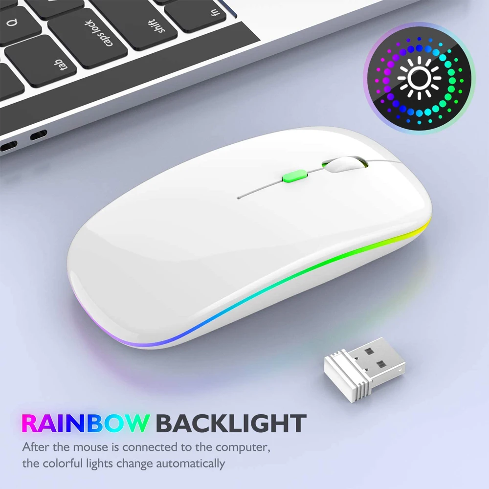 Ratón de trabajo inalámbrico de 2,4 GHz, periférico silencioso y ergonómico con retroiluminación, recargable por USB, LED, RGB, para ordenador