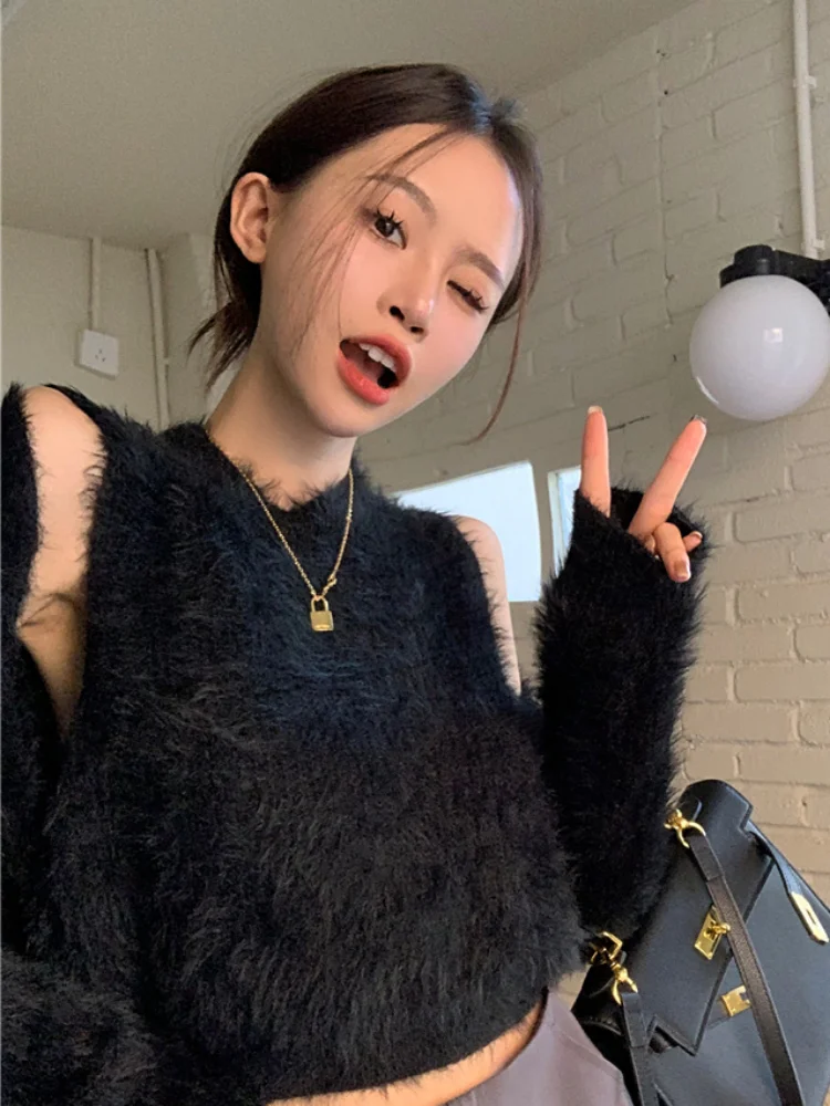 Korean Grunge Two Pieces Set Women Y2k Fashion Cardigan Coats + Fluffy Pullovers Sweaters 2024 New Autumn Winter Cropped Cloth