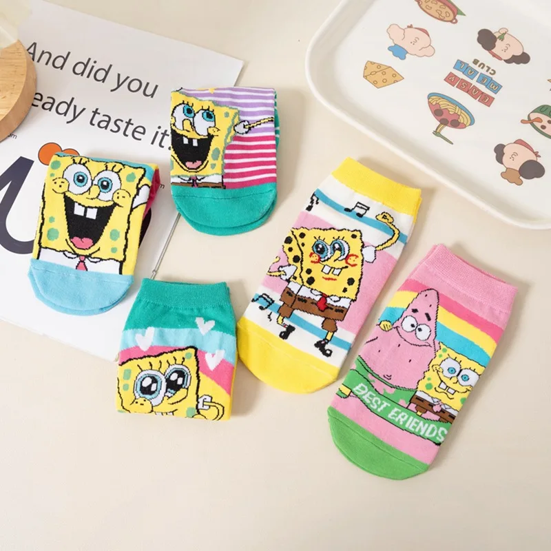 5 Pairs SpongeBob Patrick Star Low Tube Socks Set Men Women Cotton Boat Socks Summer Non-slip Solid Color Casual Breathable Sock