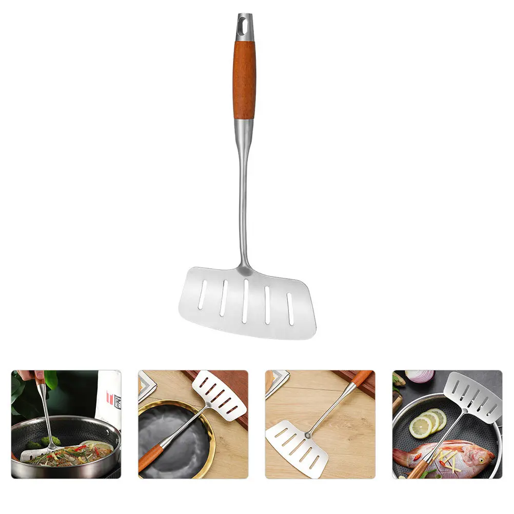 

1Pcs Stainless Steel Fish Spatula Wooden Handle Sturdy Multi Purpose Kitchen Cooking Frying Tool Steak Eel Frying Shovel