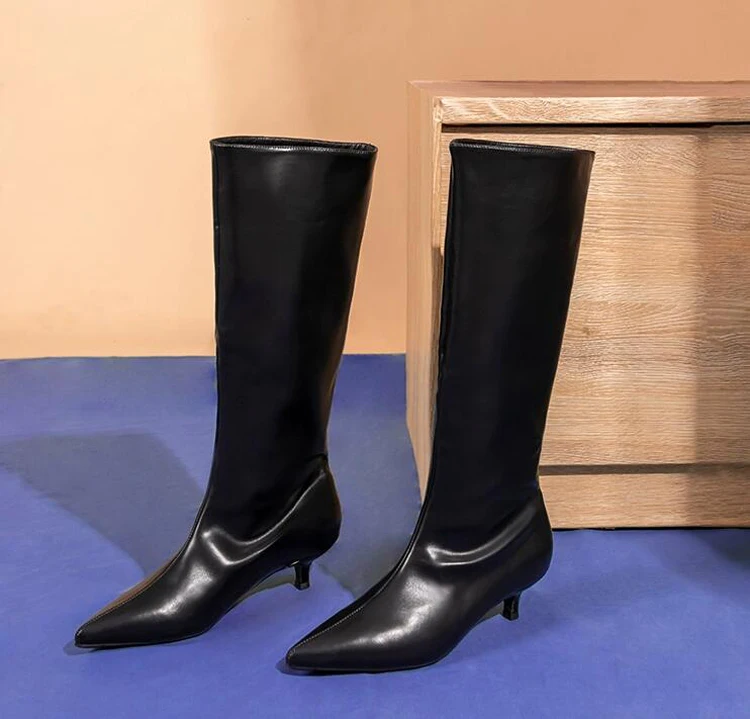 Fashion Pointed Toe 4cm Kitten Med Heels Women Knee High Boots Black Suede Leather Slip on High Top Knight Boots Females Mujer