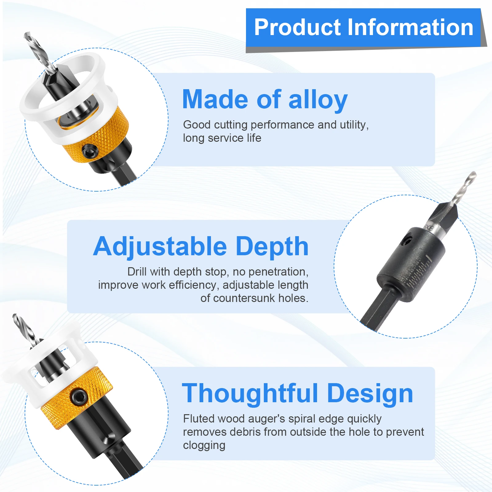 Countersink Drill Bit Set  Alloy Build, Spiral Flute, Adjustable Depth Stop with 4 Sizes (2.8-4mm) Drill Bits for Wood, MDF