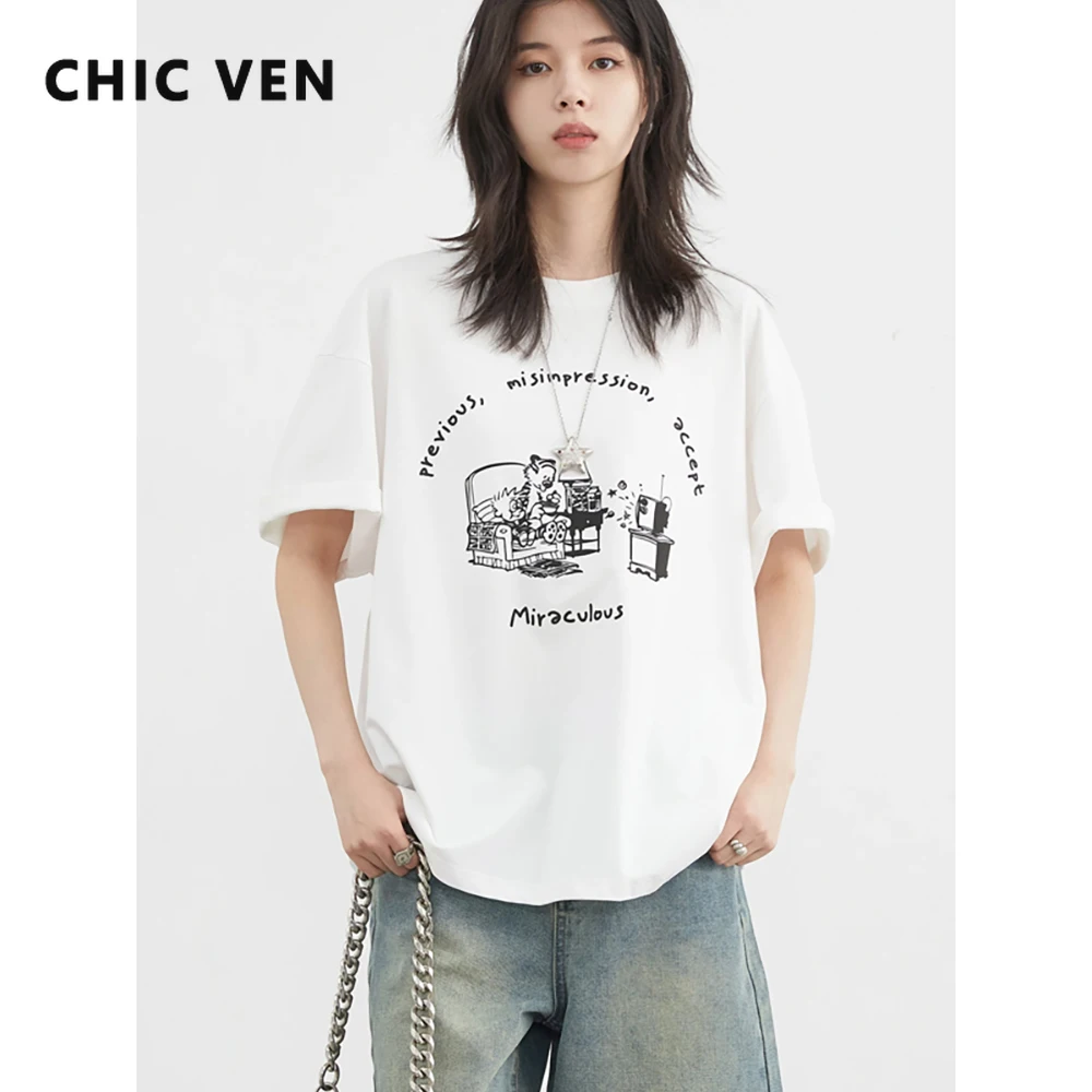 

Женские футболки CHIC VEN, свободные повседневные новые футболки с круглым вырезом и граффити, женский топ большого размера с короткими рукавами, лето 2024, пальто для девочек