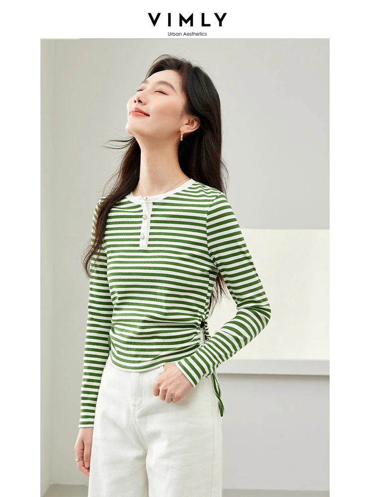 VIMLY Women\'s Fashion Commuter T-shirt Autumn New Simple Casual Round Neck Long Sleeve Striped Basic Blouse Top Winter