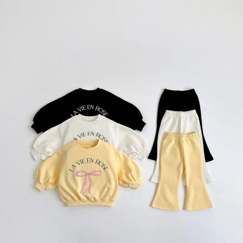 

2025 Autumn New Girls Clothes Set Children Bow Sweatshirt Baby Girl Flared Pants 2pcs Suit Kids Casual Sportswear Outfits