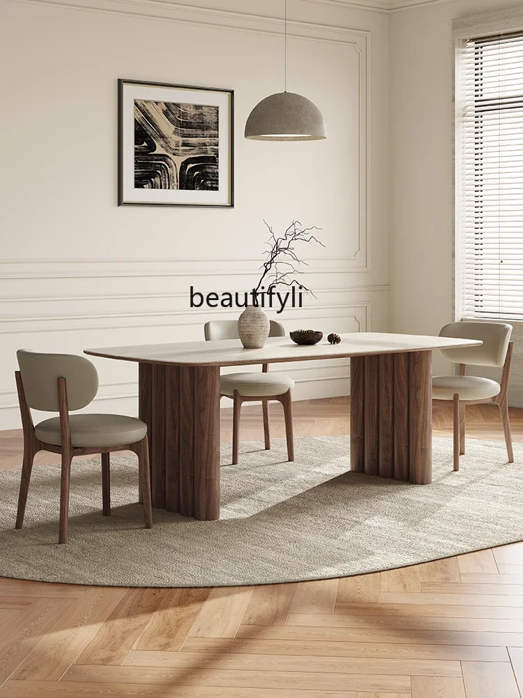Mid-Ancient Solid Wood Dining Table and Chair New Small Apartment Home Designer Walnut Color Rectangular Stone Plate