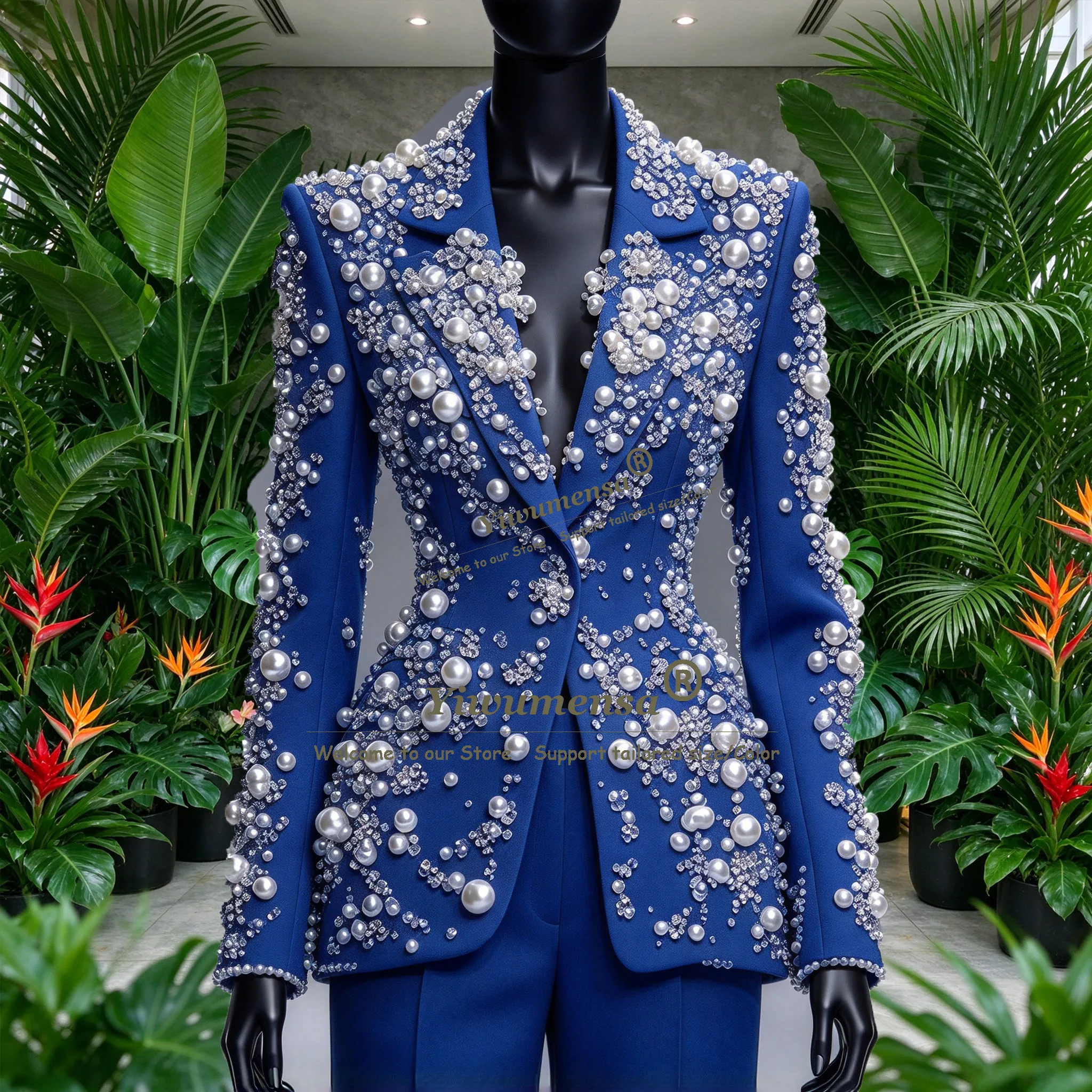 Handmade Women Suits Luxury Pearls Beaded Jacket Pants 2 Piece Sets Bride's Mother Dress Customized Lady Business Party Tuxedo