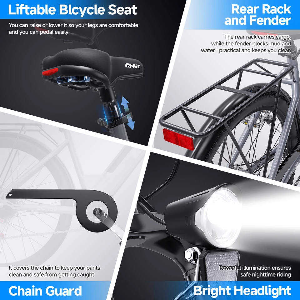 QNUT EC150 26 Inch Step‑Thru Electric Bike for Adults, 1000W Peak Brushless Motor 48V 10.4Ah Removable Battery, Max 20MPH, 65 Miles PAS Range, 7‑Speed E‑Bike with Front Suspension, UL2849 UL2272 Certified Commuter Ebike image 7