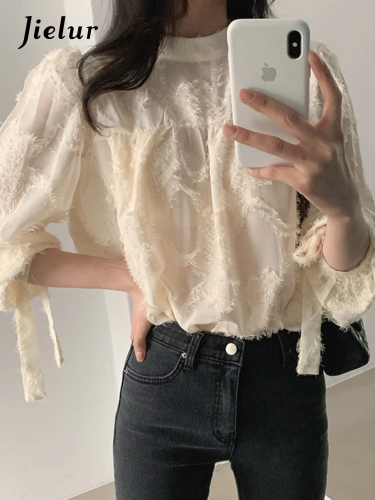 Jielur Spring New Solid Color Slim Women Blouse Sweet Elegant Office Blouse Woman Chic Street Long-sleeved Top Apricot Pink