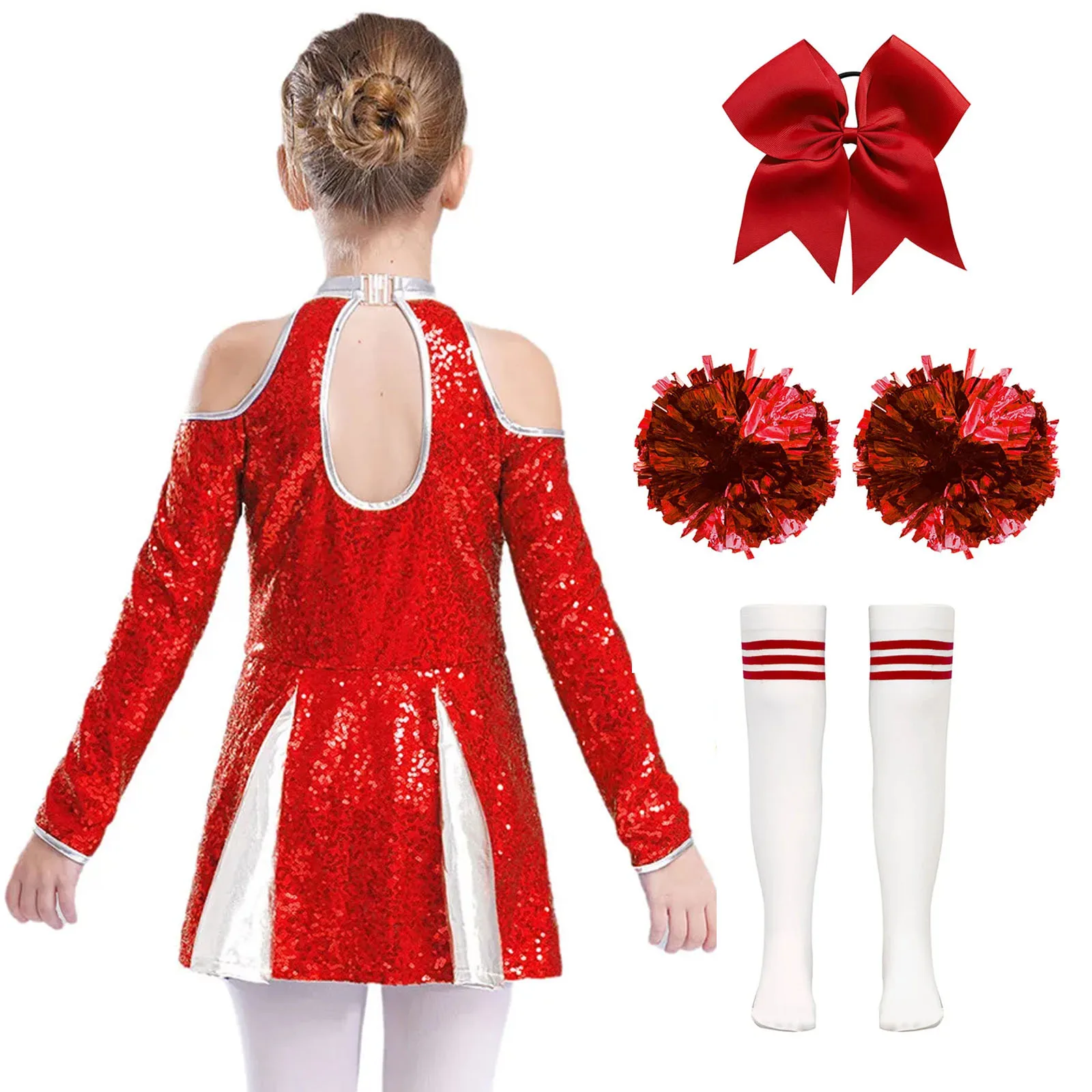 Shiny Sequins Girls Cheerleading Outfits Halloween High School Cheerleader Costume Cold Shoulder Long Sleeve Dance Dress+Socks